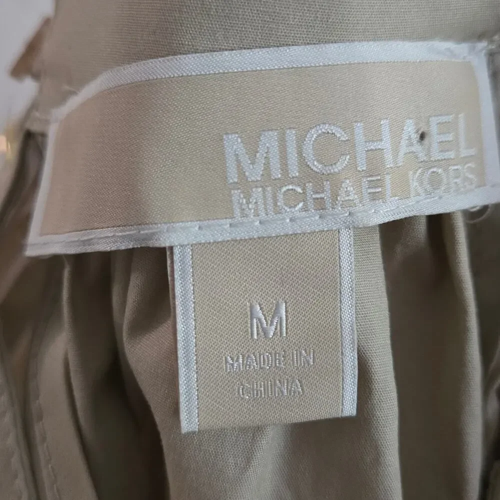 Michael Kors Khaki Gold Chain Halter Organic Stretch Cotton Midi Dress Tiered